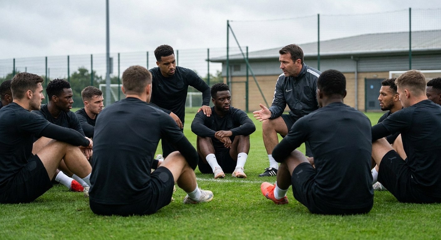 Men in black athletic wear sit on a grass field in a circle. An older man in a jacket kneels, gesturing and speaking to